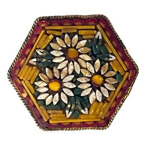 Micro Mosaic Made in Italy Hexagon Daisies Floral Brooch Pin Vintage